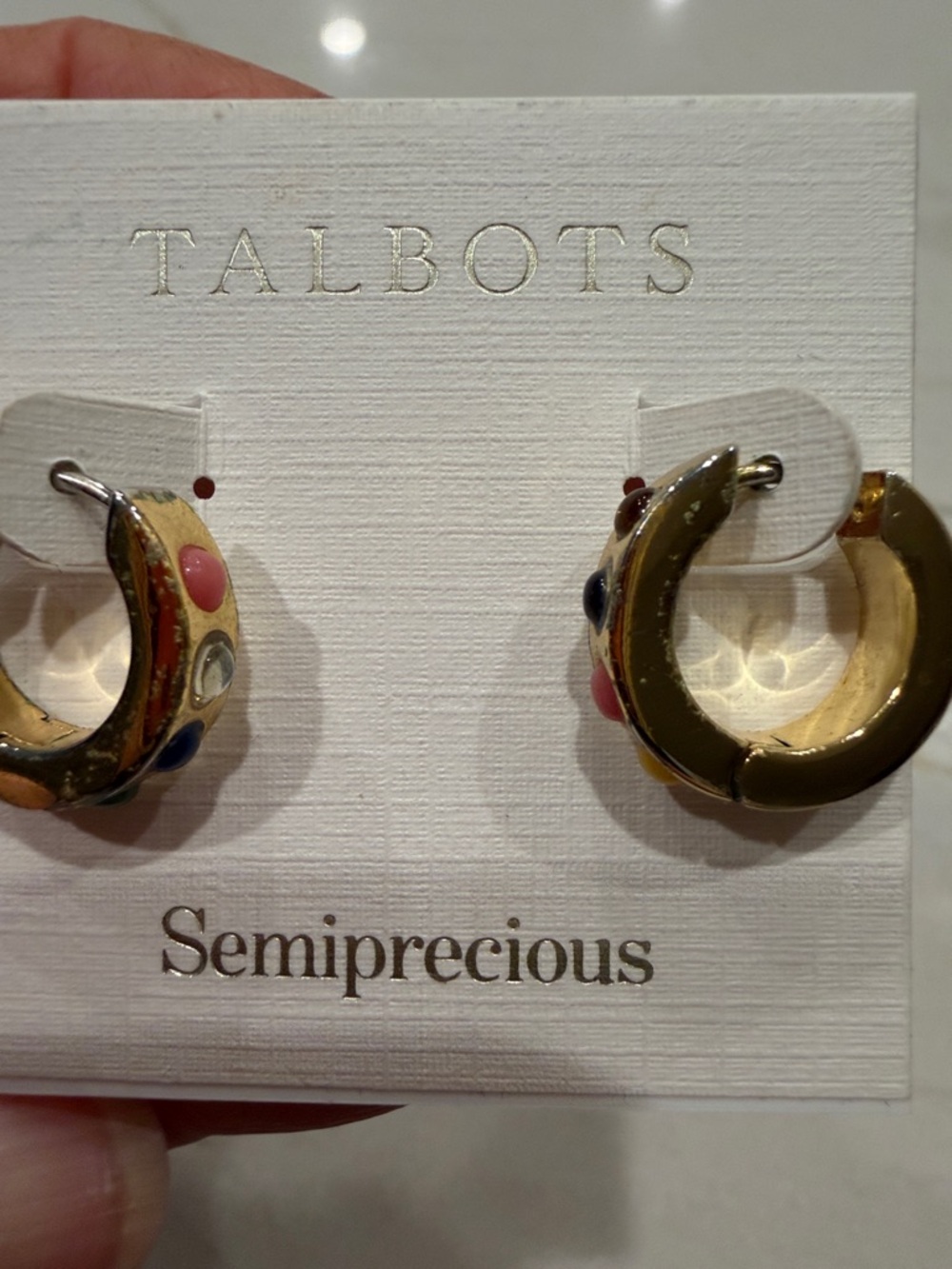 Talbots Gold-Tone Hoop Earrings with Pink, Blue and Clear Stones